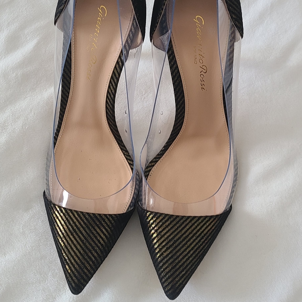 EUC! Gianvito Rossi Black Suede/Gold Metallic Striped Plexi Pumps!